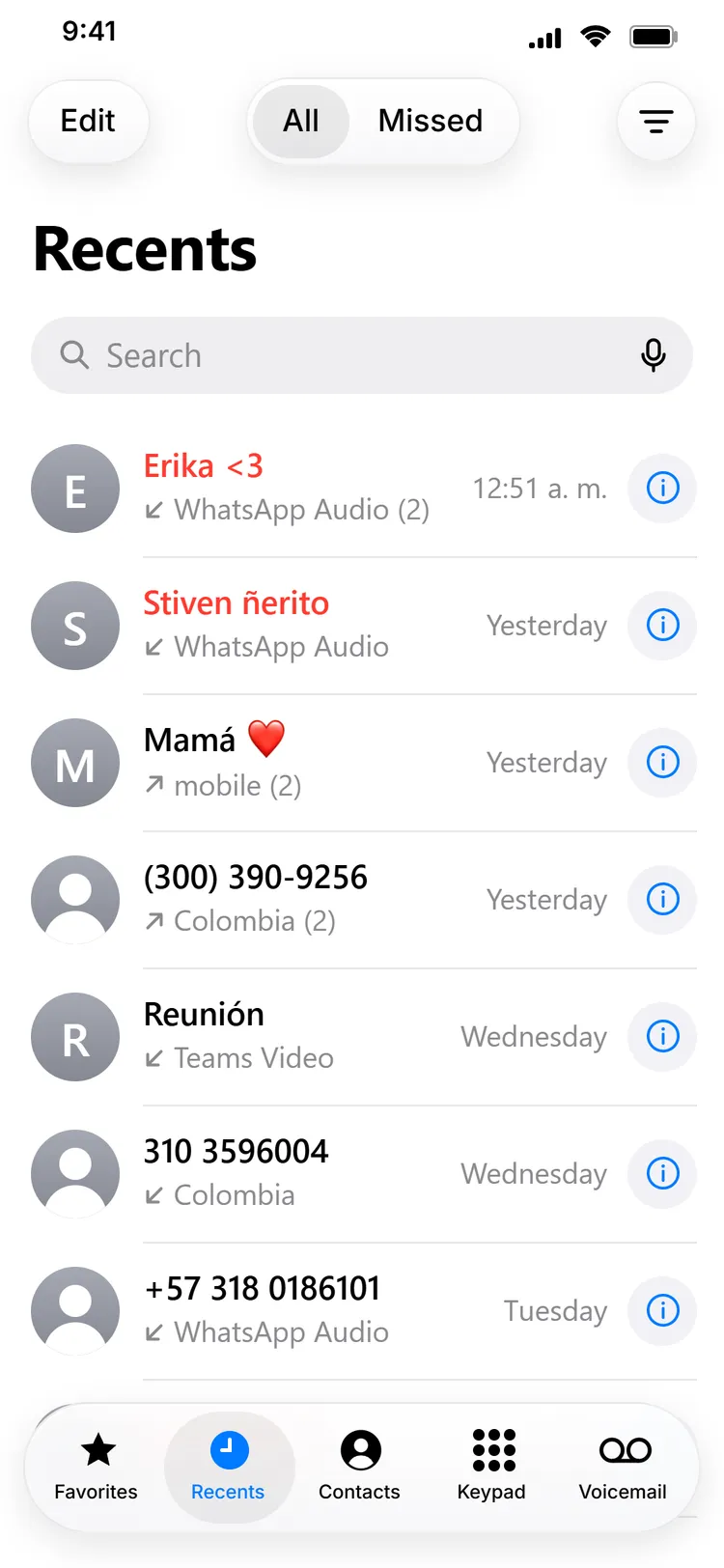 Example of a fake call history made with NamiChats