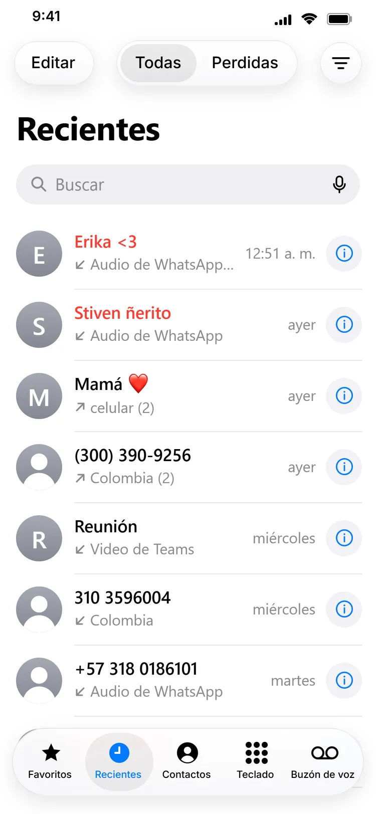 Historial de llamadas hecho con NamiChats
